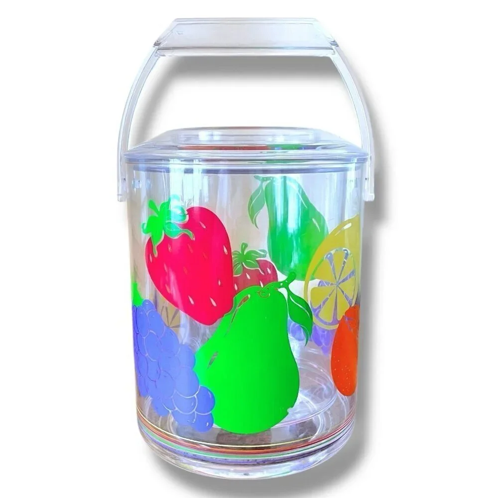 Vintage 1980s Culver Tutti Frutti Ice Bucket Clear Acrylic Fruit Print Barware